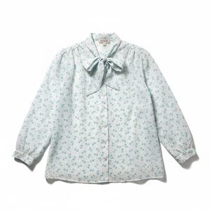 Vintage 80s Rhapsody Bow Blouse White Blue Bow Print Button Front XL